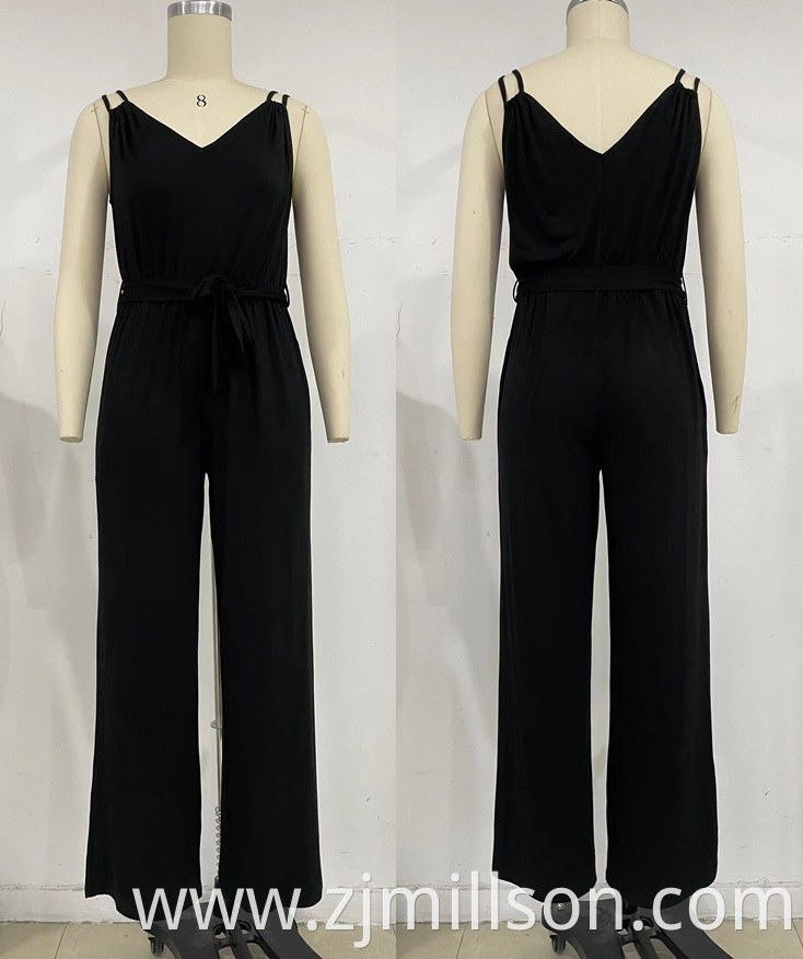 Suspended V Neck Waist Strap Straight Tube Jumpsuit